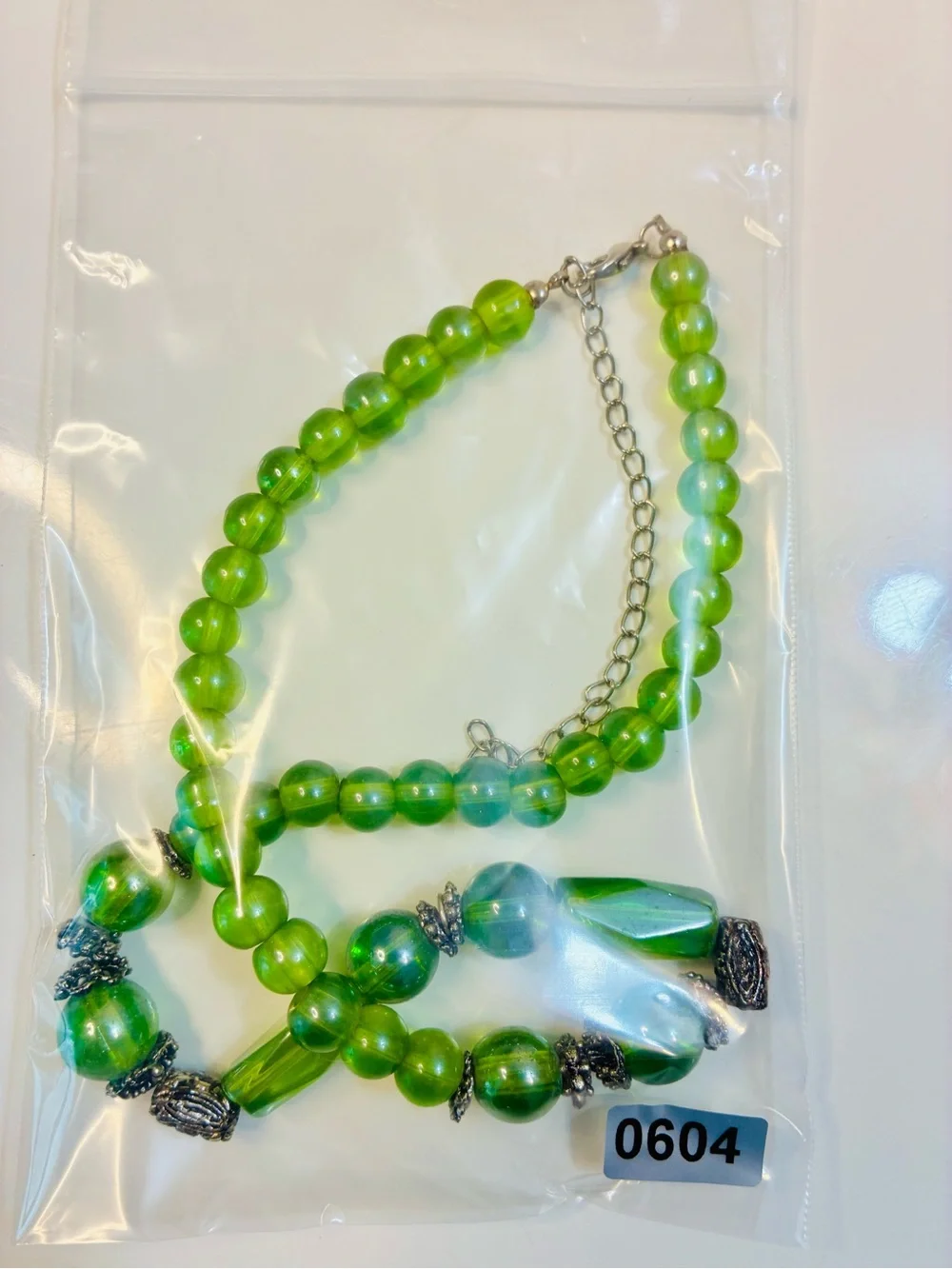 Vibrant Green Glass Bead Necklace with Silver-Tone Accents